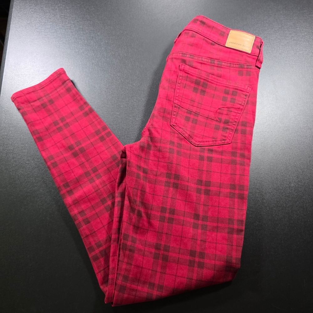 American Eagle Red Black Plaid Hi-Rise Jegging Next Level Stretch Size 8 Regular
